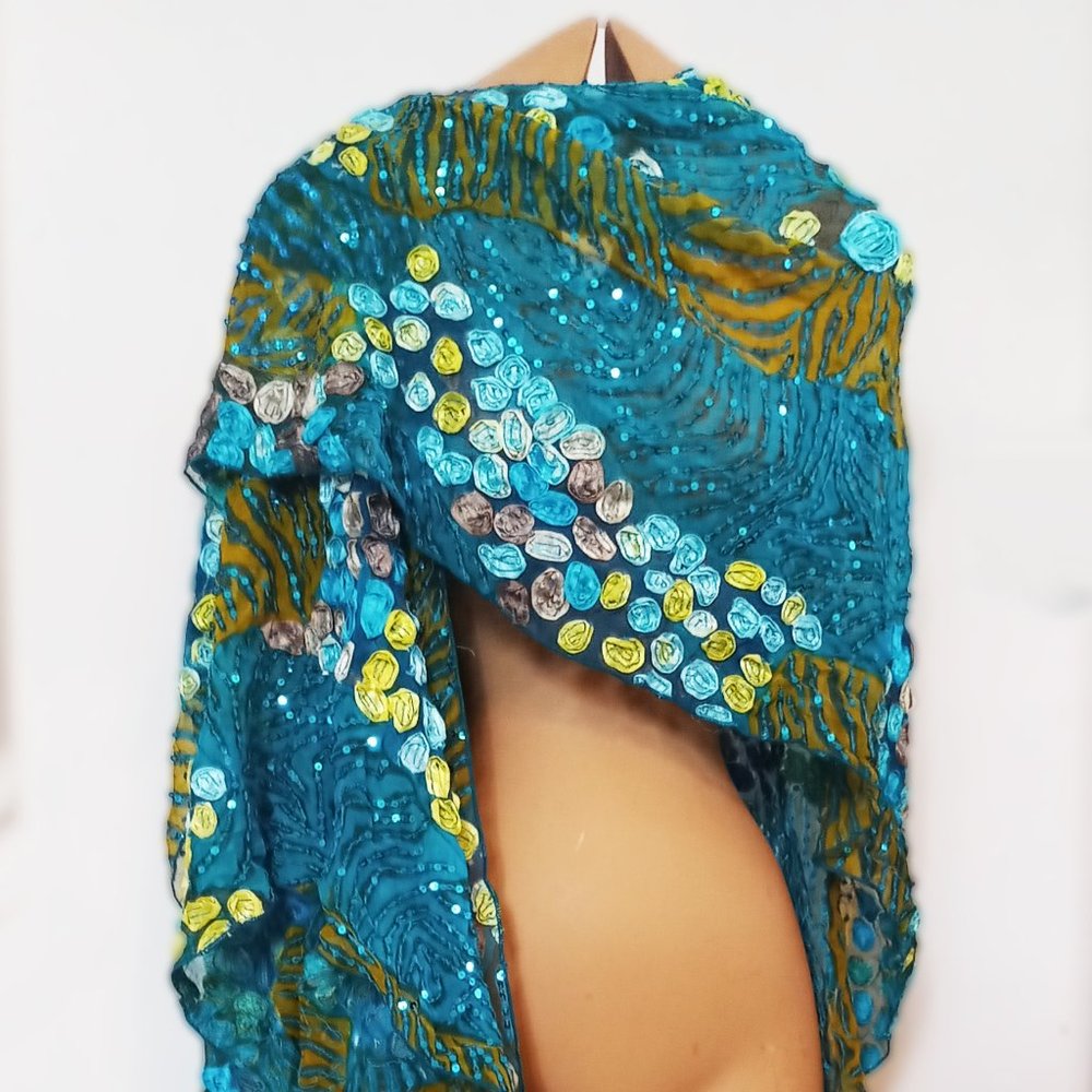 Vintage sequins and 3d roses large shawl, scarf